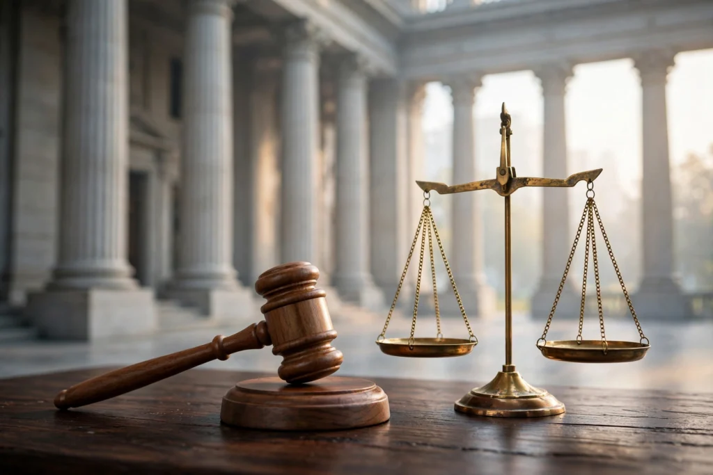 Wooden gavel and brass scales of justice on a table in front of courthouse columns