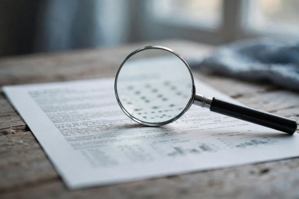 Credit report document with a magnifying glass on a desk