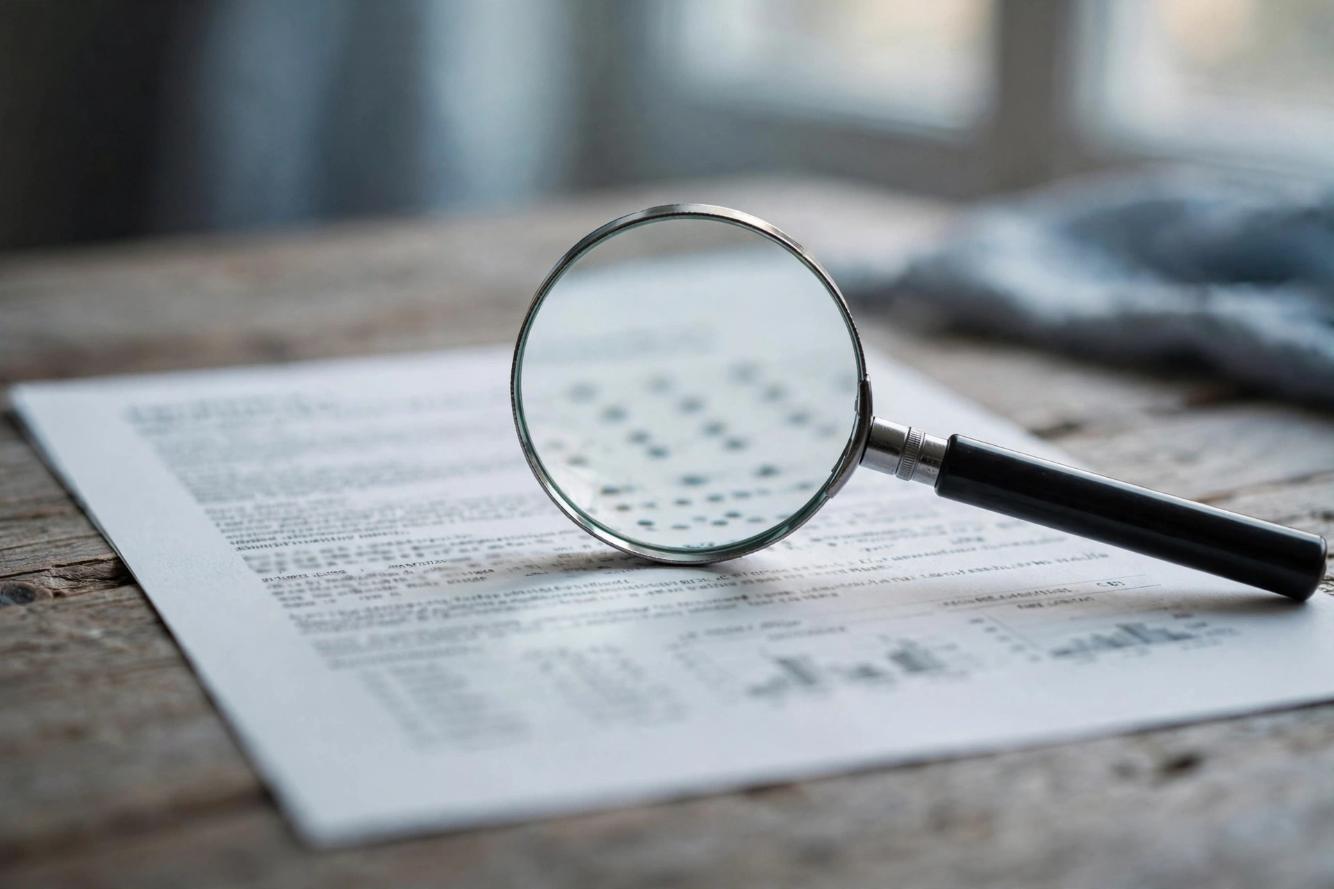 Credit report document with a magnifying glass on a desk