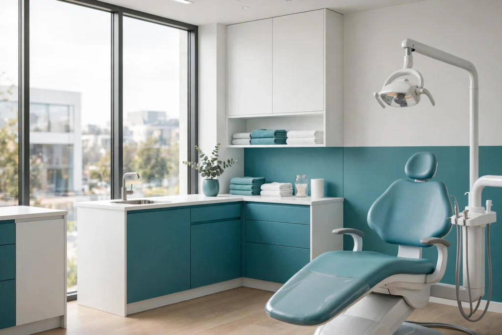 Empty modern dental chair in a bright professional dental clinic office