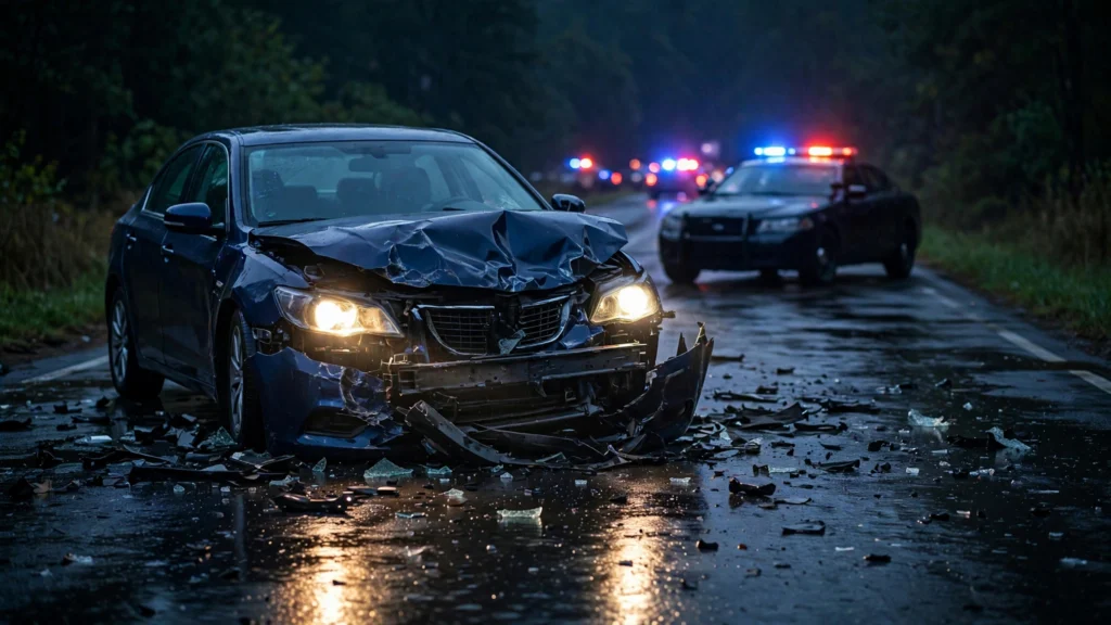 Damaged car with headlights on at night after a hit and run accident, police lights flashing in the background