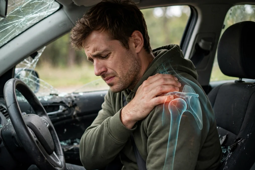Car accident shoulder injury settlement guide 2026 — rotator cuff tear, labrum and shoulder joint injury concept