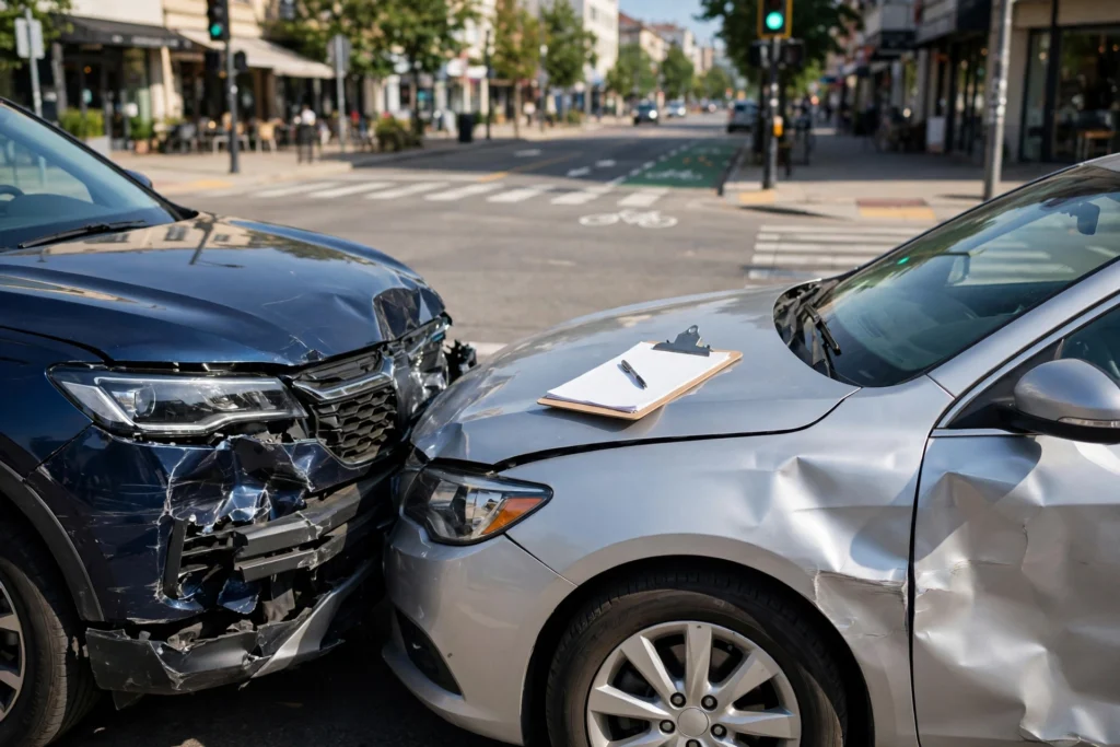 Two cars with collision damage at an intersection with insurance documents on a clipboard