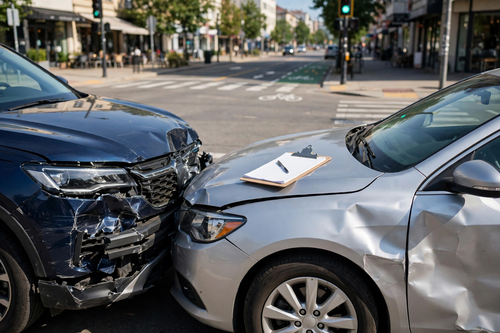 Two cars with collision damage at an intersection with insurance documents on a clipboard