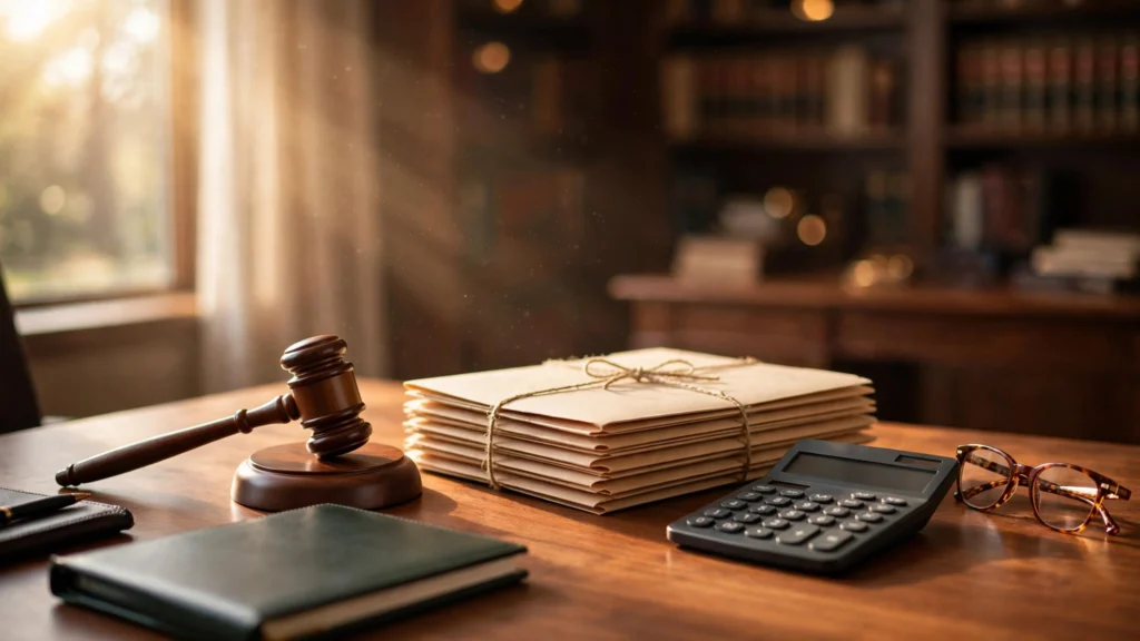 A lawyer's desk in warm window light with a gavel beside stacked legal case files and a calculator, blurred bookshelves behind — how are future medical expenses calculated