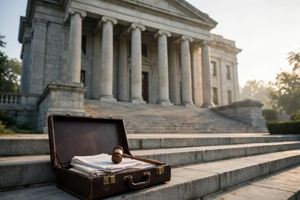 Courthouse steps with gavel and legal documents — how long does a personal injury lawsuit take, 2026 timeline guide