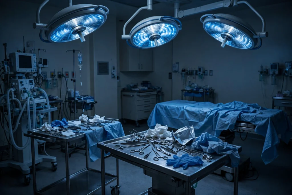 Hospital operating room with surgical lights — average settlement for surgical errors in the USA, 2026 guide