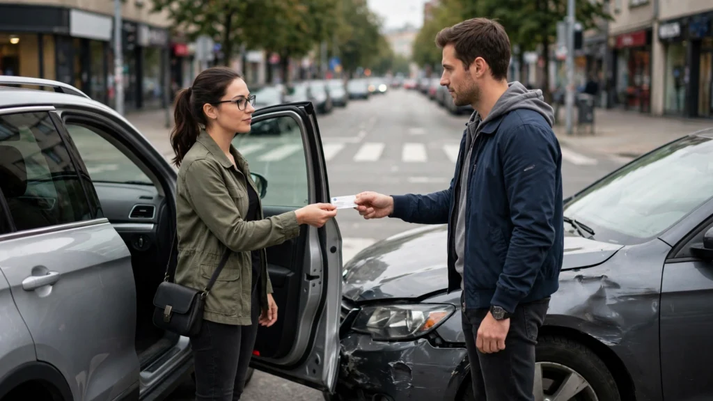 Two drivers exchanging insurance information after a car accident at an intersection