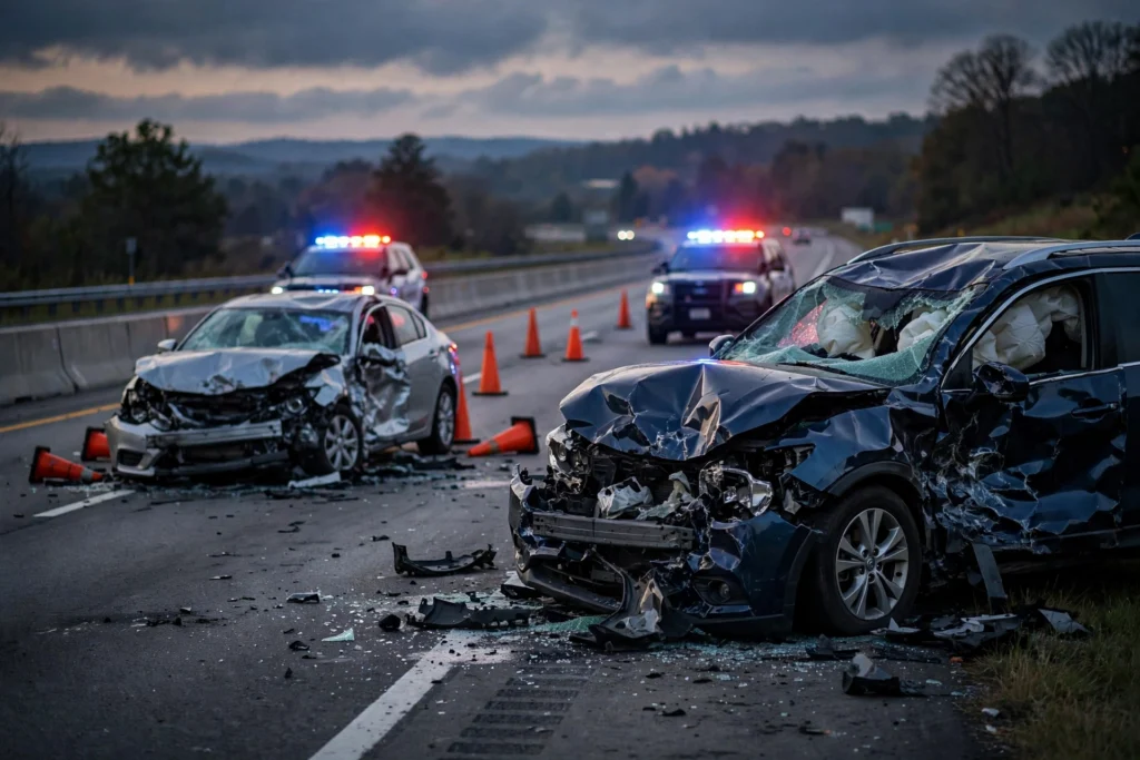 Car accident scene on highway at dusk with police lights