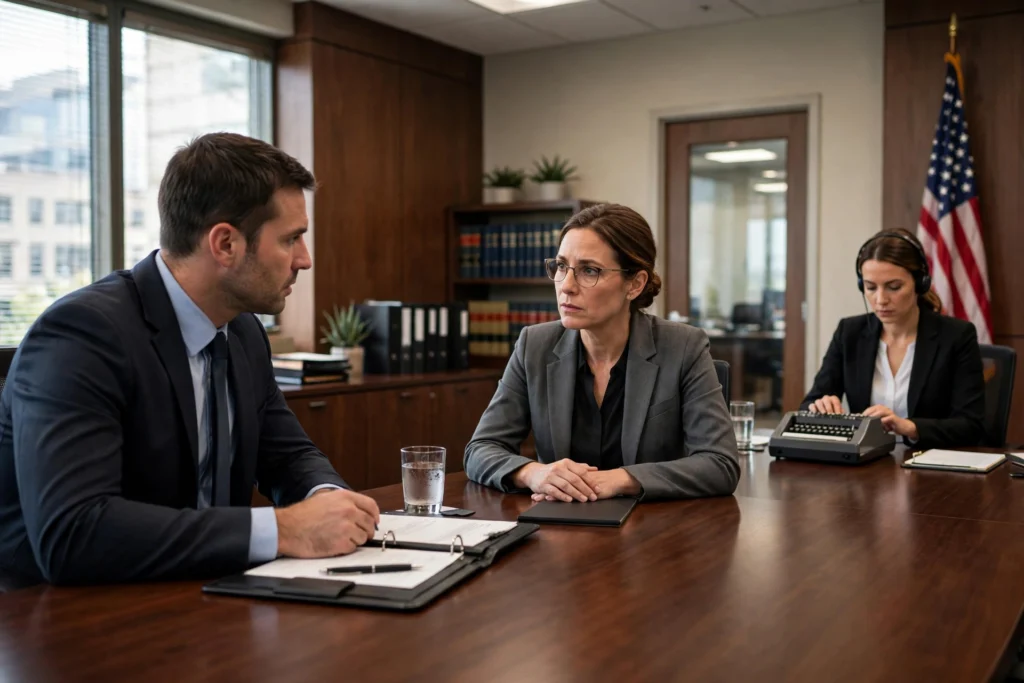 Lawyer questioning witness during legal deposition