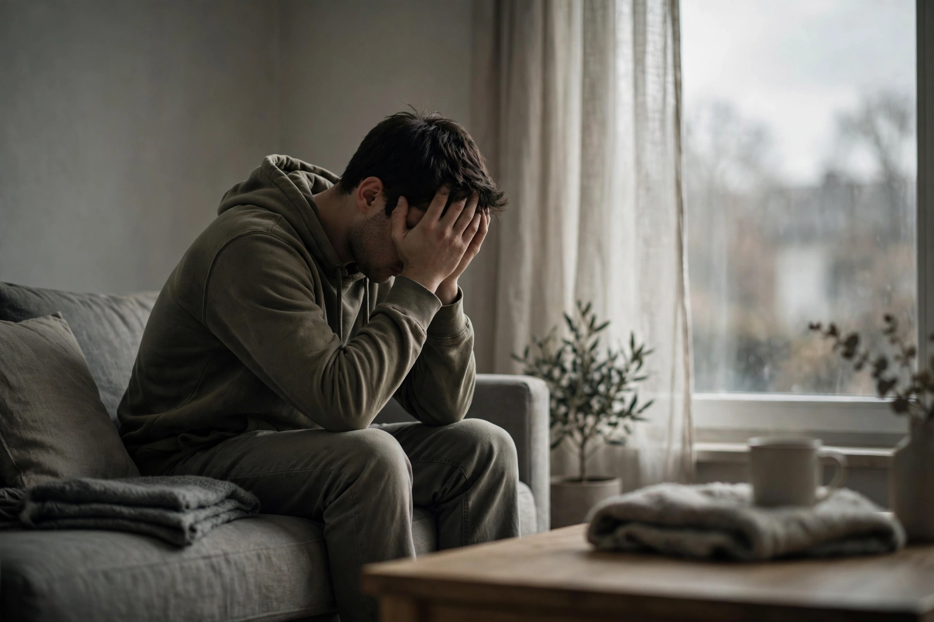 Person sitting alone with head bowed, representing emotional distress after trauma