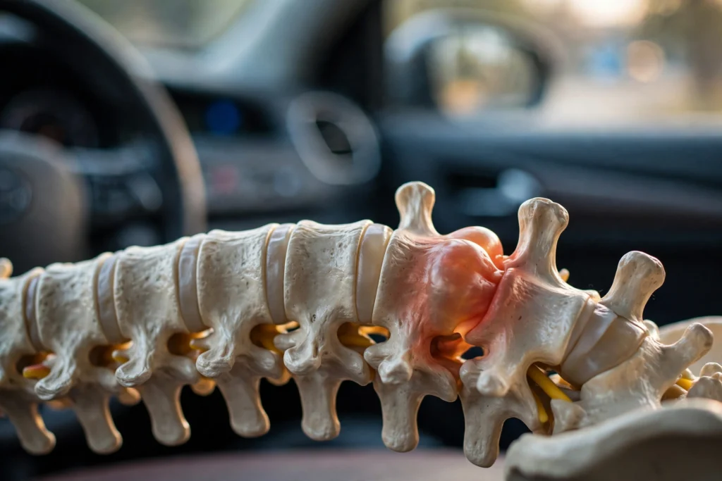 Spine model showing a herniated disc, illustrating a common back injury from car accidents