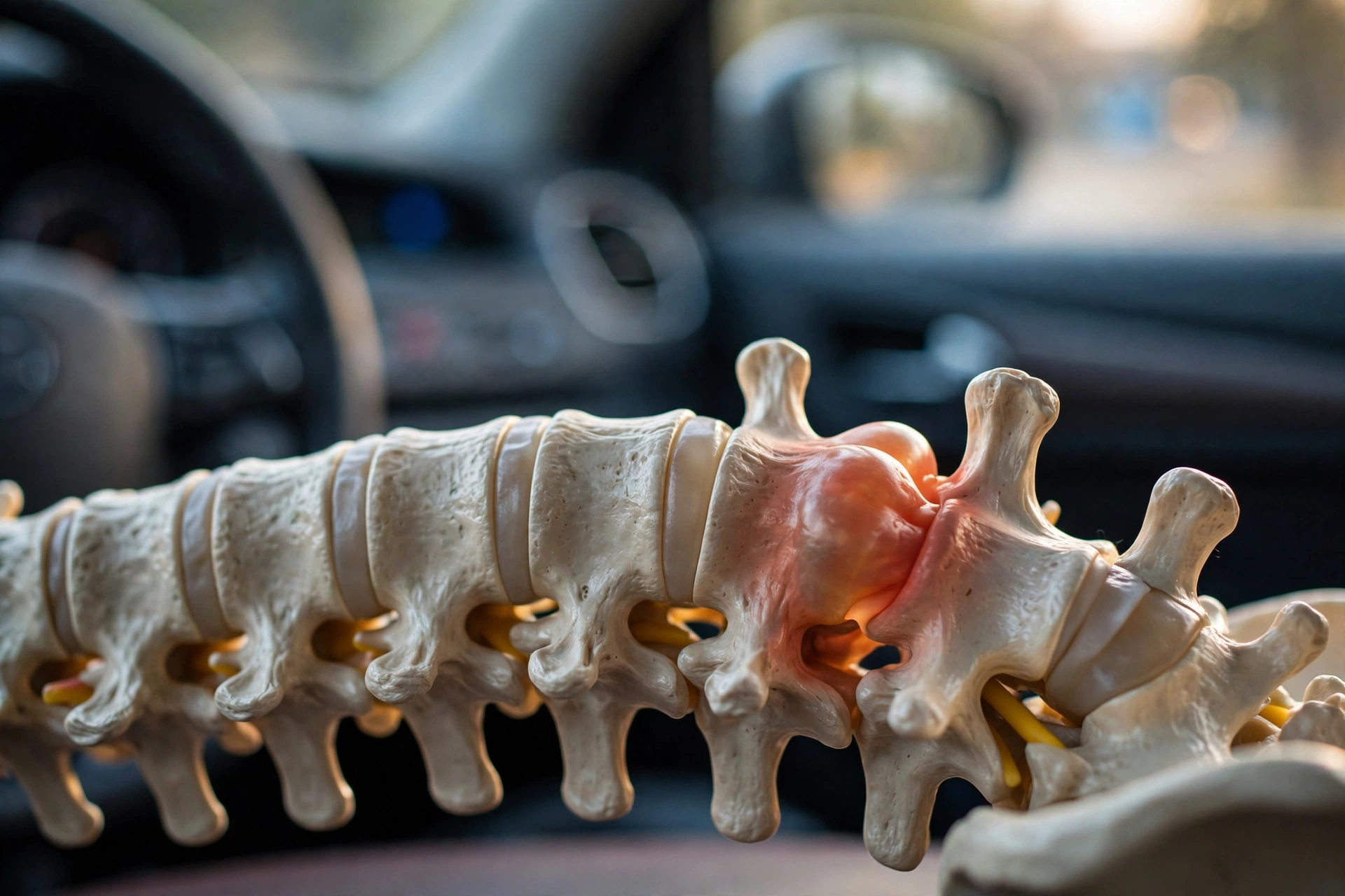 Spine model showing a herniated disc, illustrating a common back injury from car accidents