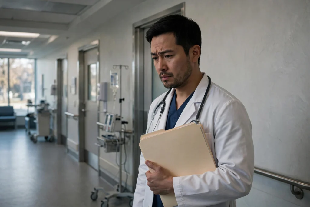 Doctor holding patient file in hospital corridor