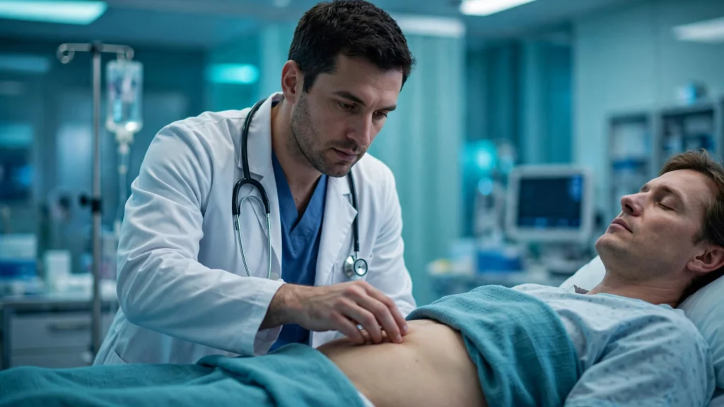 Doctor examining a patient's abdomen for signs of appendicitis in a hospital emergency room
