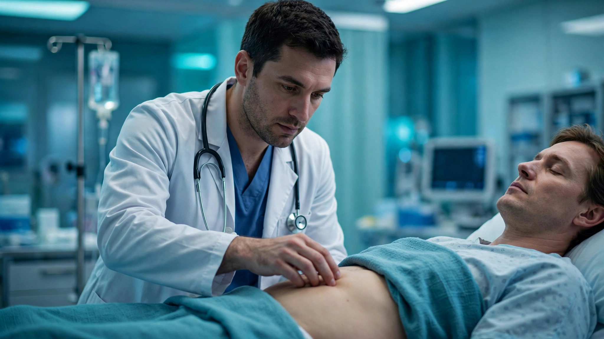 Doctor examining a patient's abdomen for signs of appendicitis in a hospital emergency room