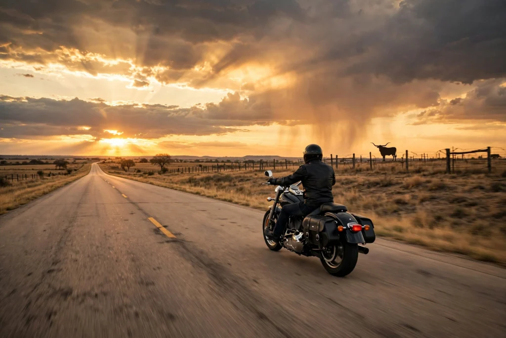 Motorcycle rider on an open Texas highway at golden hour