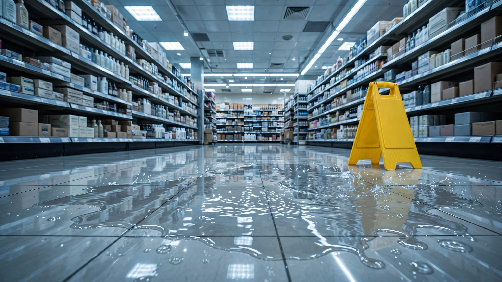 Supermarket aisle with a liquid spill on the floor near a caution sign