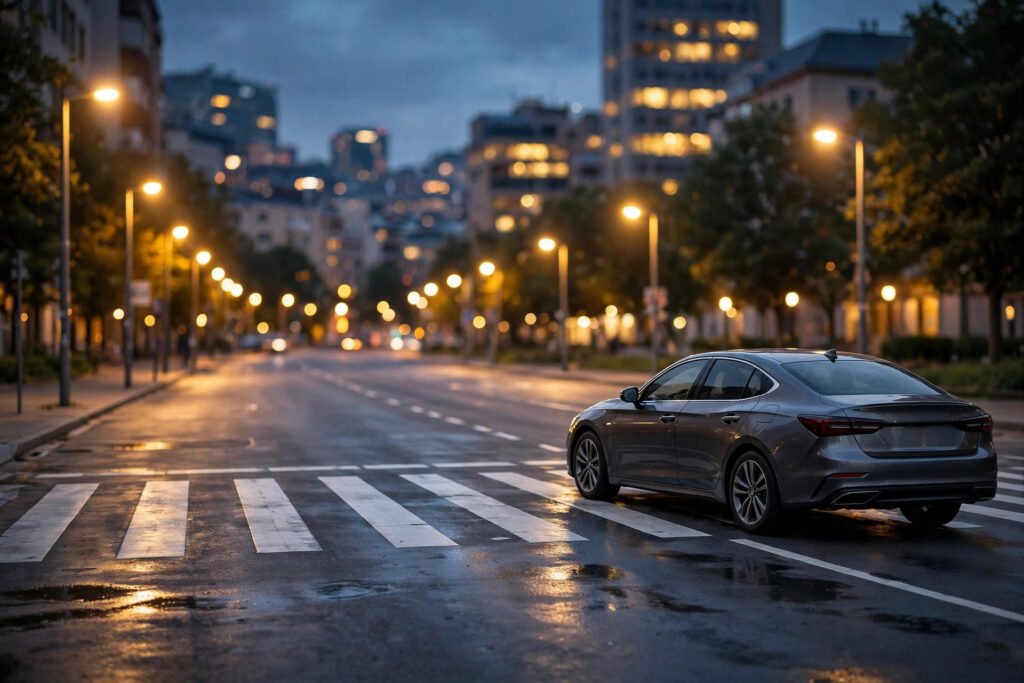 Pedestrian crossing a street at a crosswalk with a car approaching, illustrating pedestrian accident risk