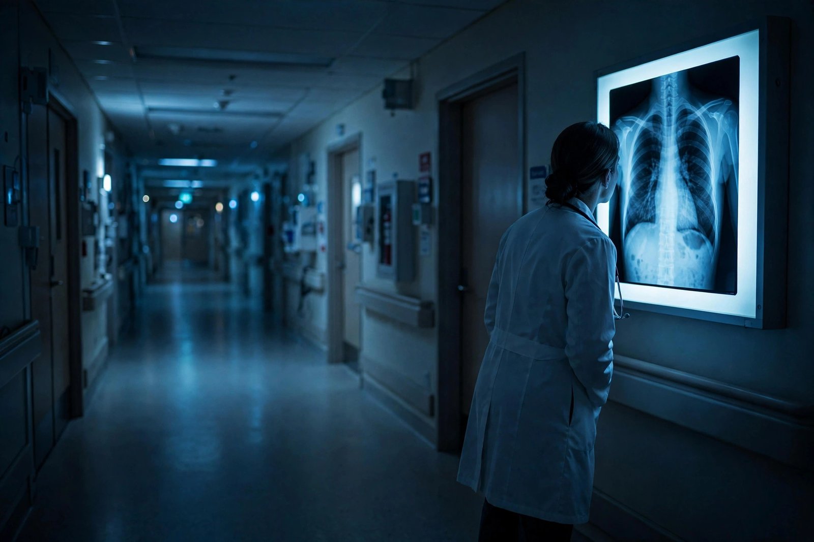 Doctor reviewing cancer scan results in a hospital consultation room