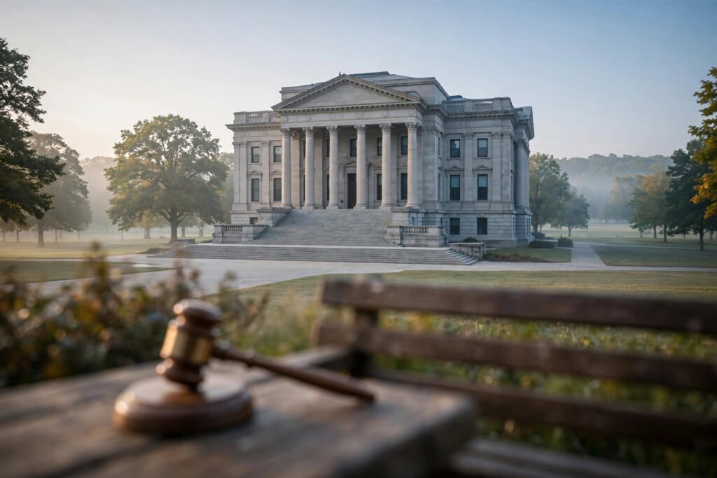 Exterior of an American courthouse with stone columns and a judge's gavel, symbolizing small claims court for personal injury cases