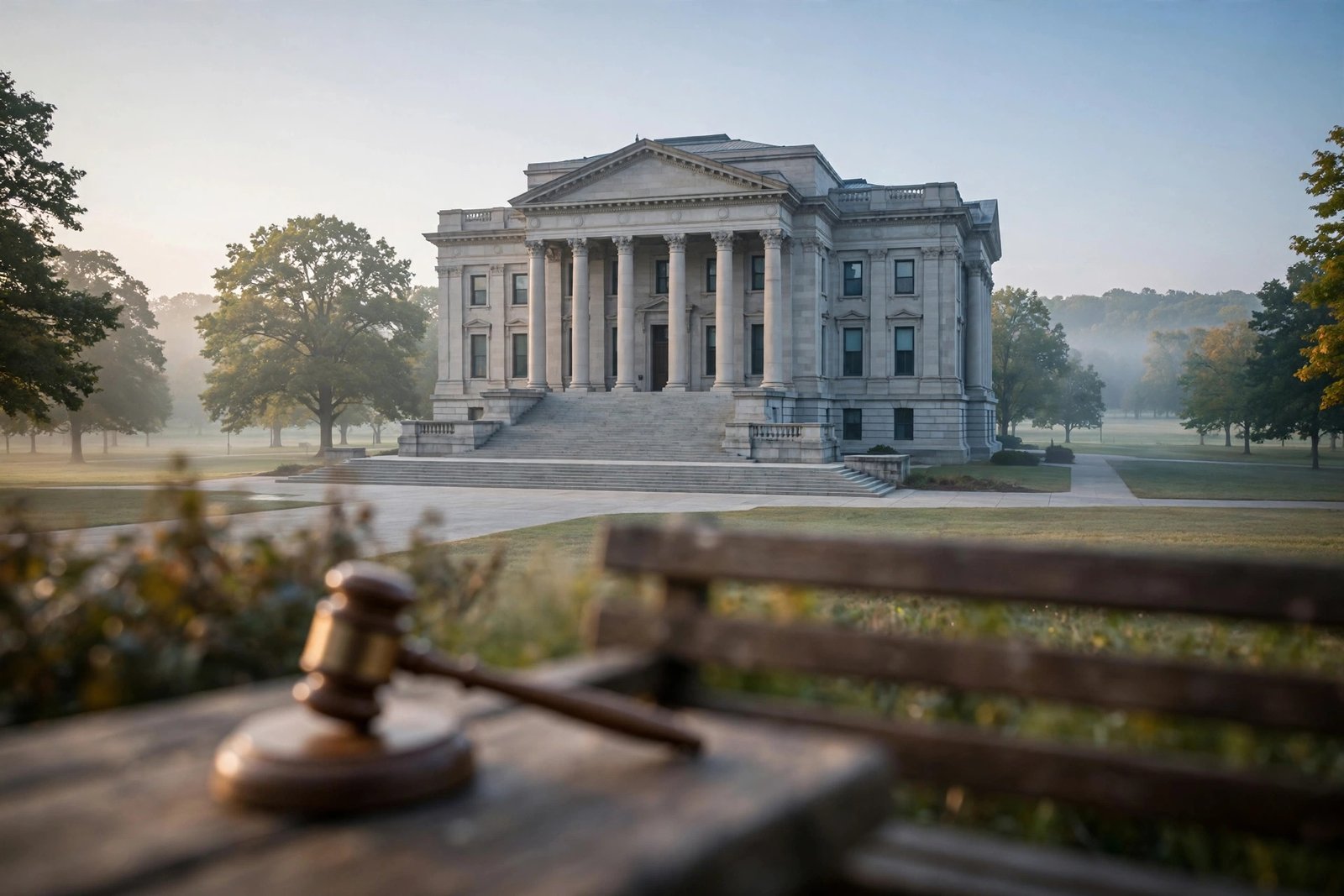 Exterior of an American courthouse with stone columns and a judge's gavel, symbolizing small claims court for personal injury cases