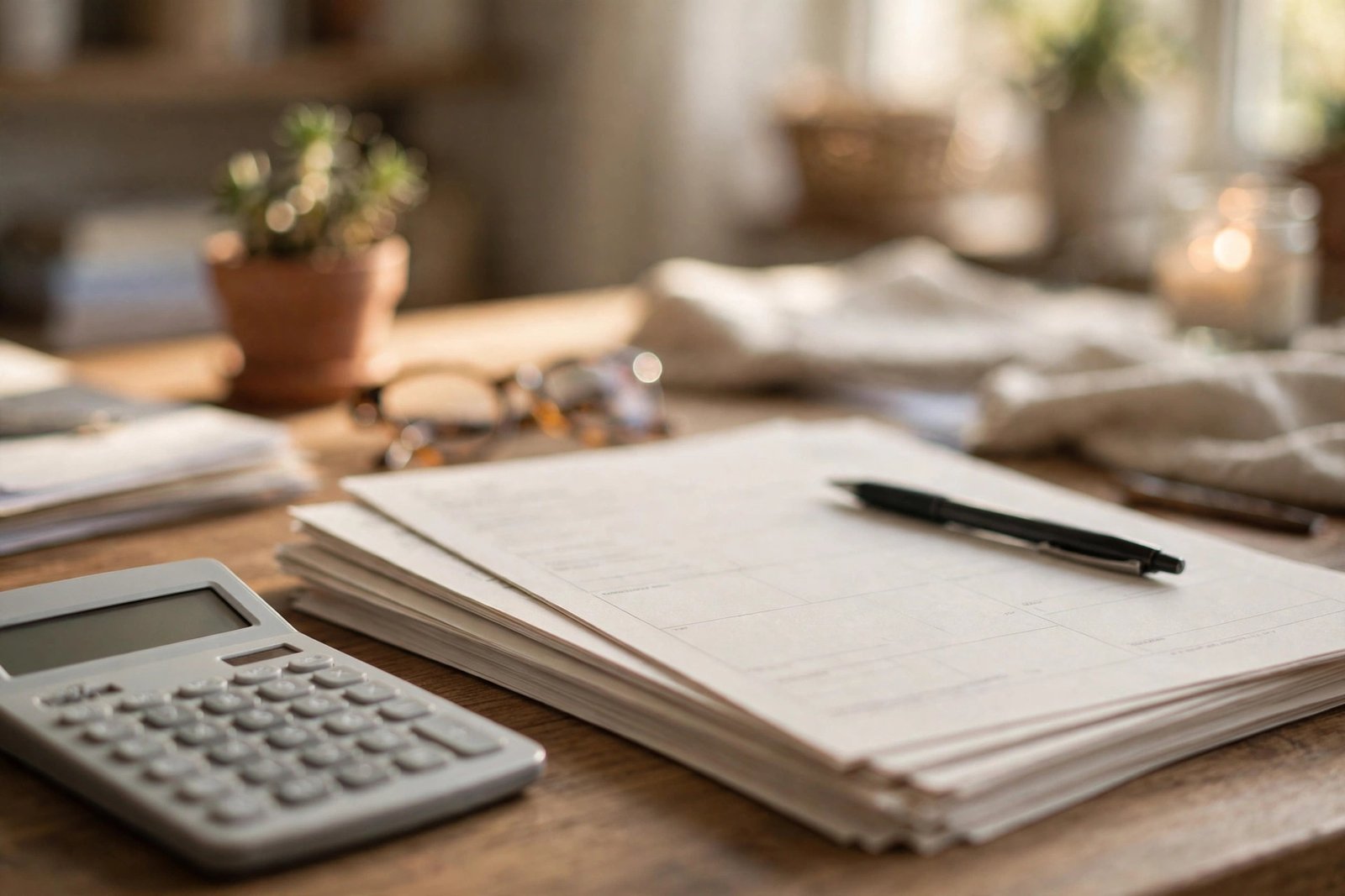 Tax documents including IRS paperwork and a calculator on a desk, illustrating taxes owed on forgiven debt after a settlement