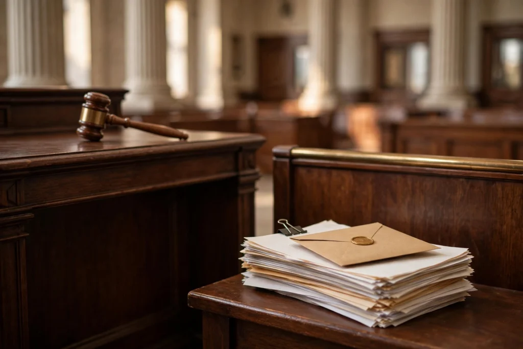What happens if a defendant doesn't respond to a lawsuit — empty courtroom bench with legal papers