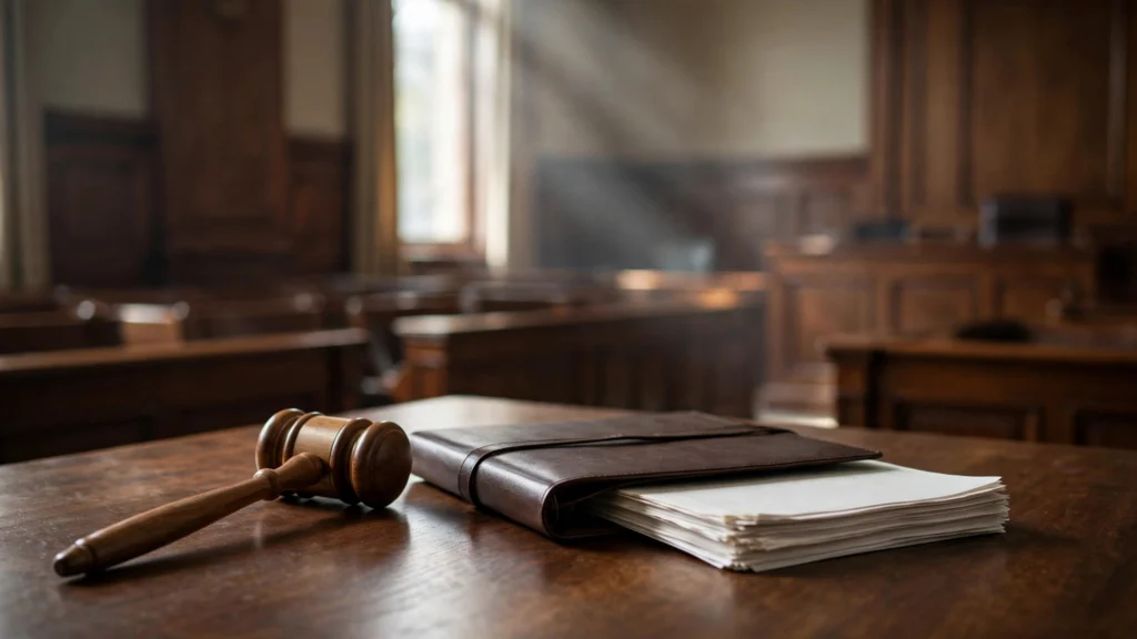 Wooden gavel and case folder on a desk in an empty courtroom, illustrating what happens if you win a lawsuit and they can't pay