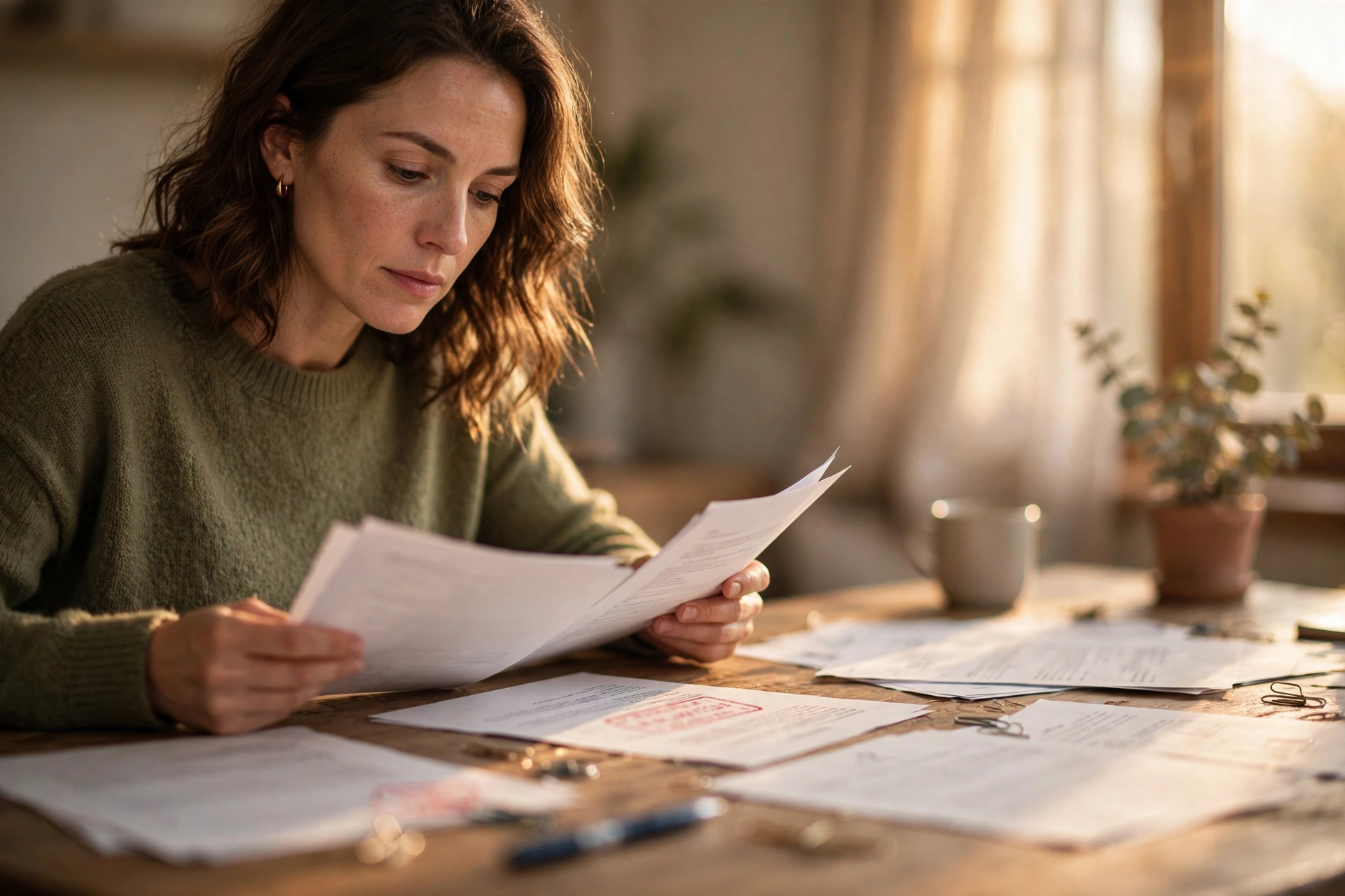 Person reviewing insurance denial letters and claim documents on a desk, illustrating what happens if your insurance claim is denied twice